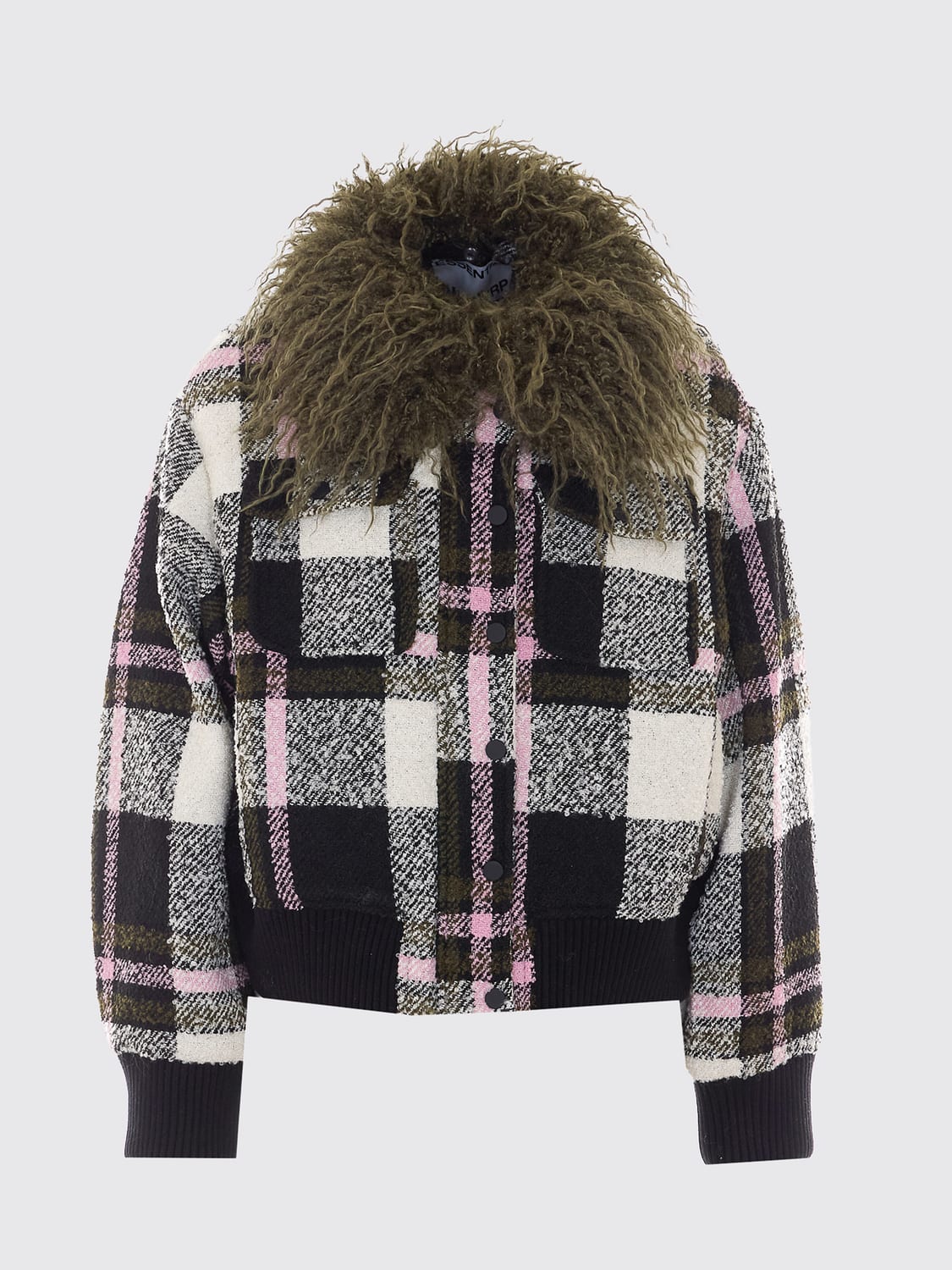 ESSENTIEL ANTWERP GIACCA: Bomber Essentiel Antwerp in tartan con collo in pelliccia sintetica, Fantasia - Img 2