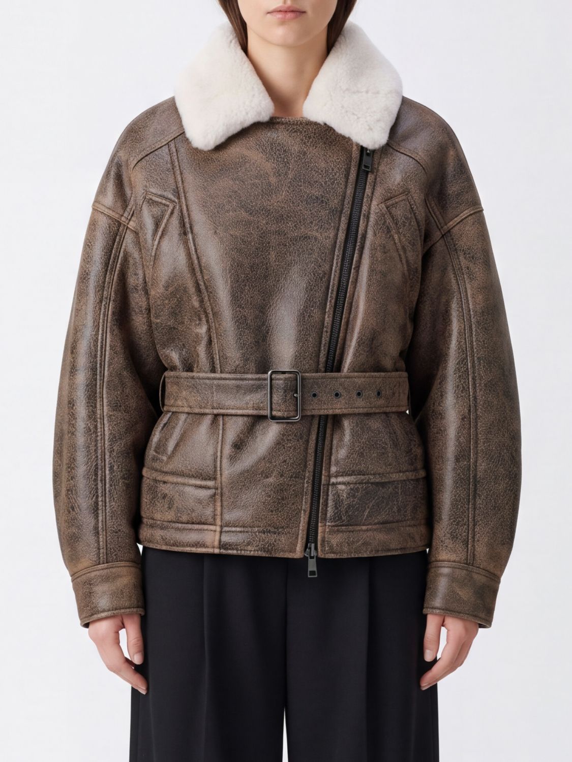 BLANCHA PELZMANTEL: Kurze, zweireihige Shearling-Jacke von Blancha mit Reißverschluss und Gürtel, Braun - Img 1