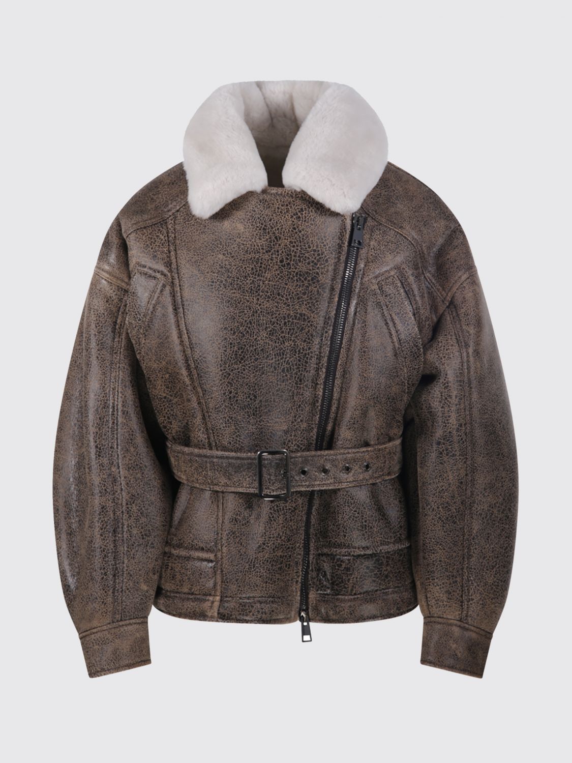 BLANCHA PELZMANTEL: Kurze, zweireihige Shearling-Jacke von Blancha mit Reißverschluss und Gürtel, Braun - Img 2