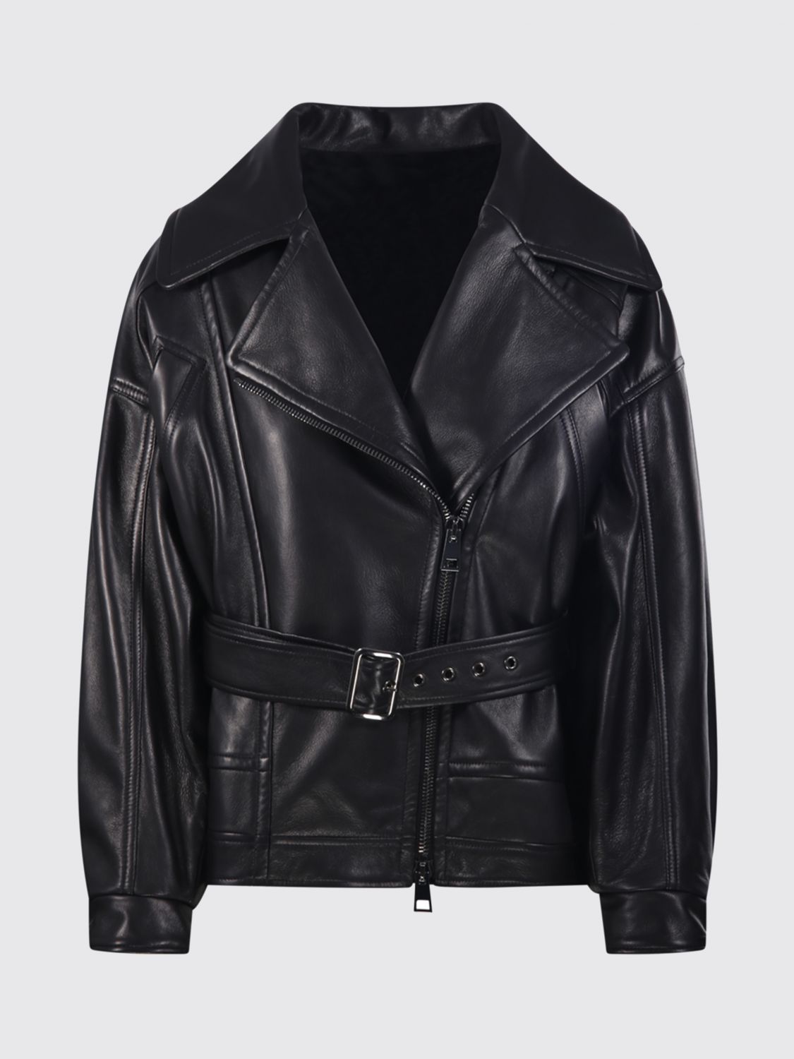 BLANCHA JACKET: Cropped Faux Leather Biker Jacket Blancha with Asymmetrical Zip and Belt, Black - Img 2
