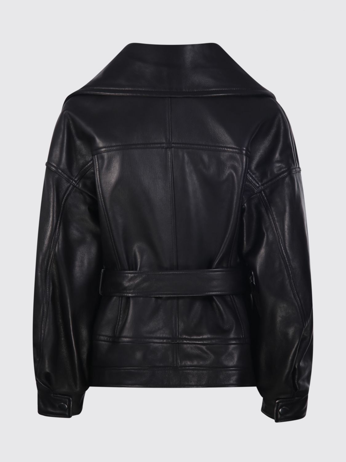 BLANCHA JACKET: Cropped Faux Leather Biker Jacket Blancha with Asymmetrical Zip and Belt, Black - Img 3