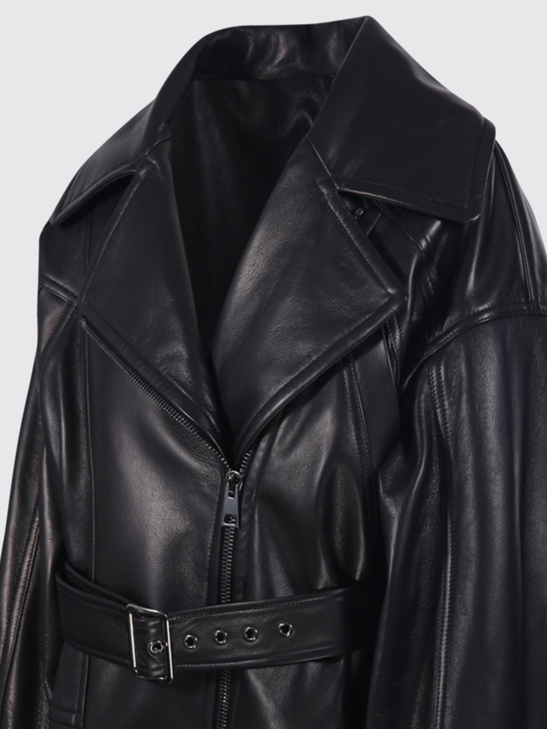 BLANCHA JACKET: Cropped Faux Leather Biker Jacket Blancha with Asymmetrical Zip and Belt, Black - Img 4