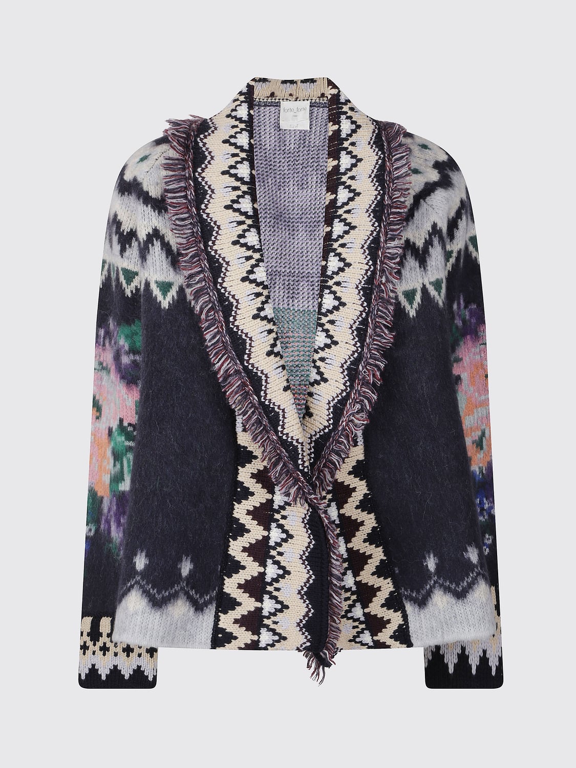 FORTE FORTE PULL: Cardigan Forte Forte en laine d'alpaga avec motif jacquard abstrait et franges, Bleu - Img 2