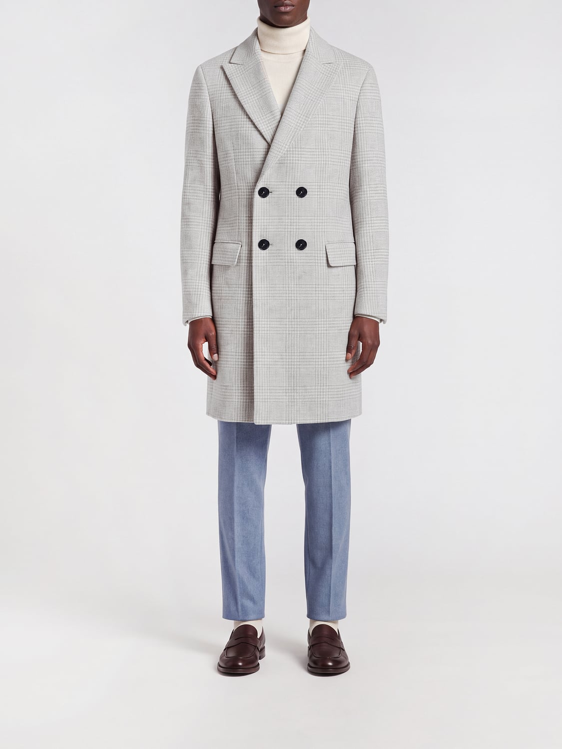 ZEGNA COAT: Tartan Double-Breasted Zegna Coat in Pure Wool, Grey - Img 1