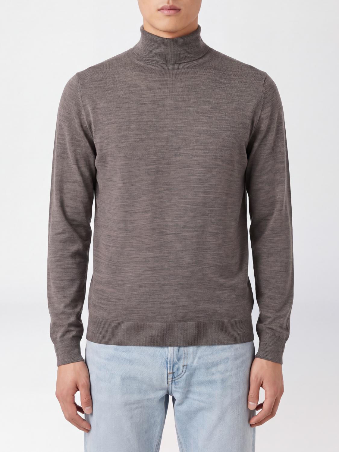 JOHN SMEDLEY SWEATER: John Smedley Mock Neck Jumper in Pure Merino Wool with Ribbed Trims, Brown - Img 1