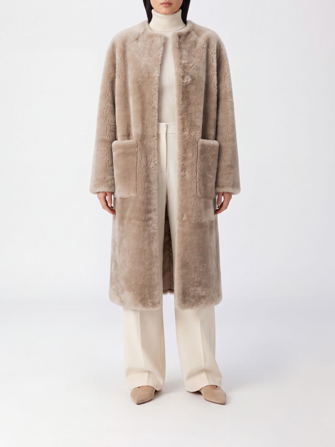 BLANCHA FUR COAT: Long Shearling Coat Blancha with a Crew Neck and Front Patch Pockets, Brown - Img 1