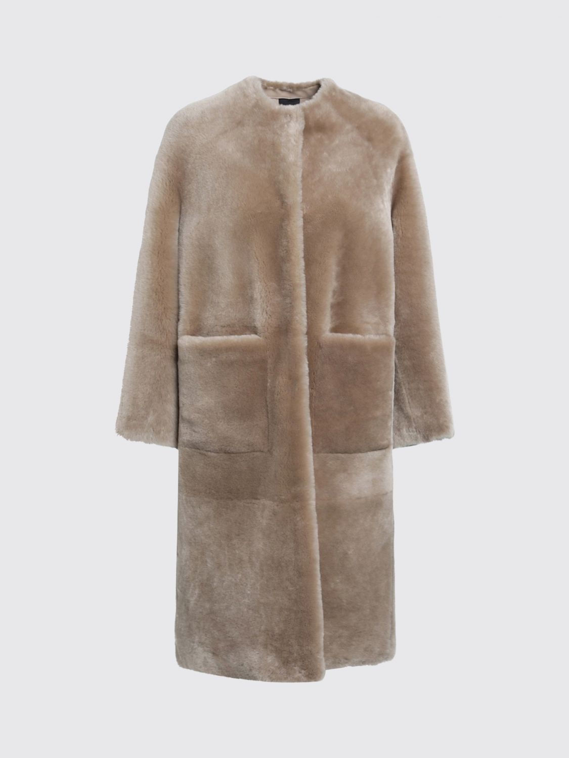 BLANCHA FUR COAT: Long Shearling Coat Blancha with a Crew Neck and Front Patch Pockets, Brown - Img 2