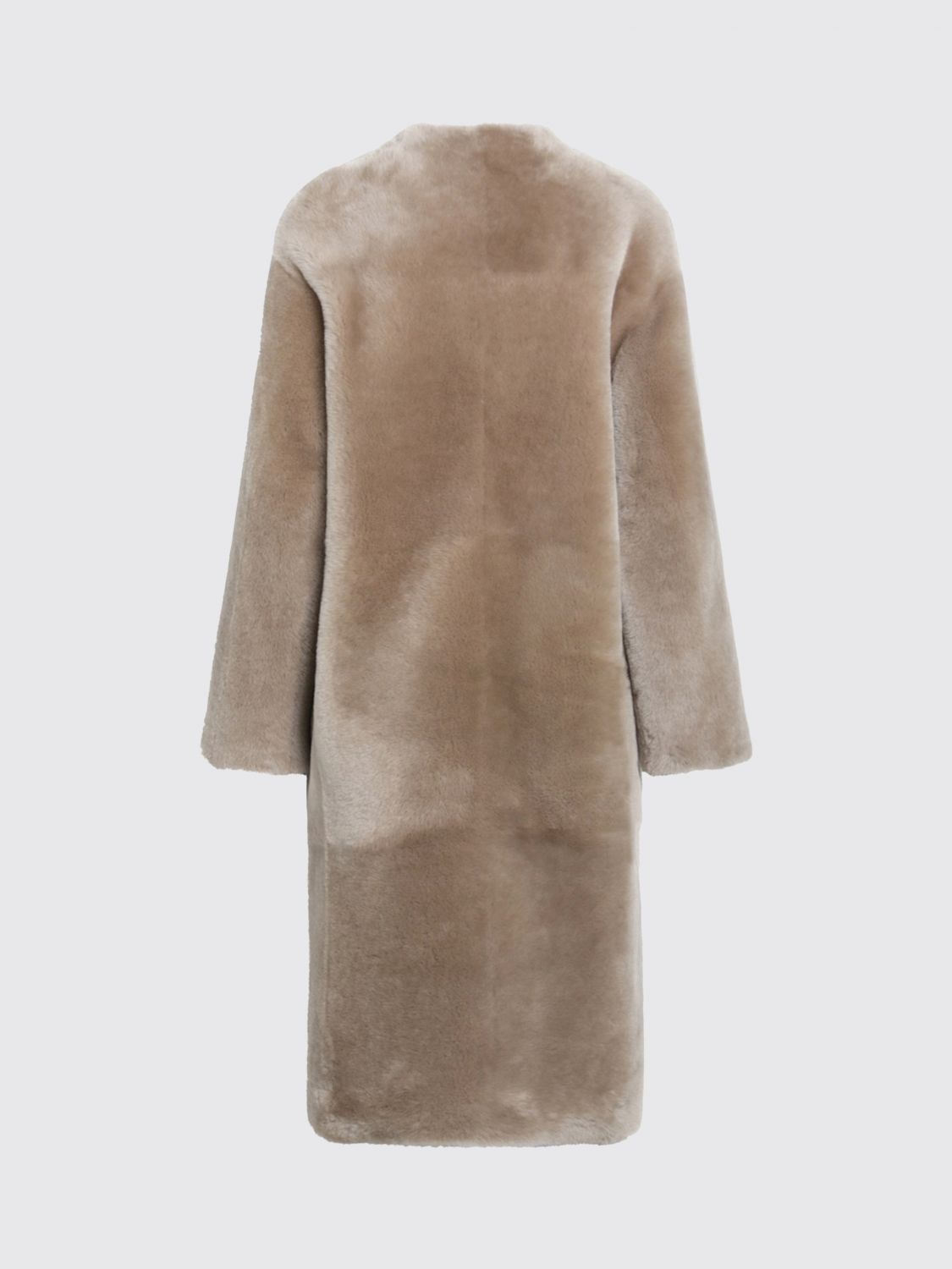 BLANCHA FUR COAT: Long Shearling Coat Blancha with a Crew Neck and Front Patch Pockets, Brown - Img 3