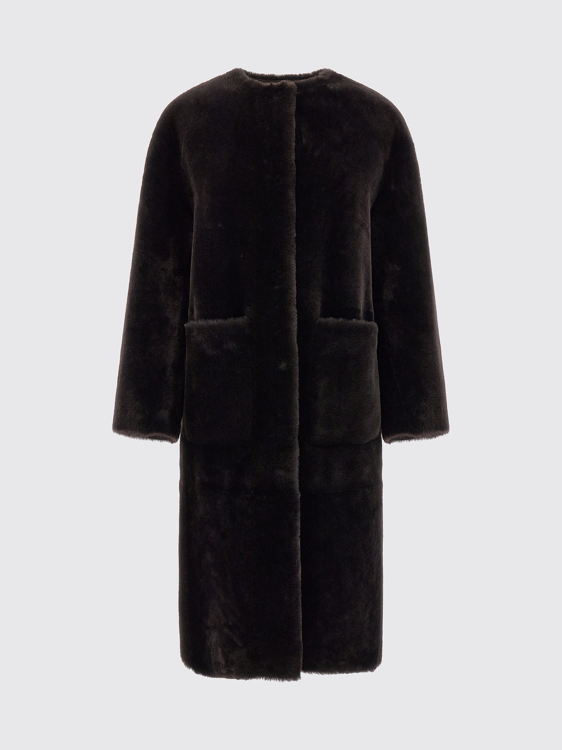 BLANCHA FUR COAT: Long Shearling Coat Blancha with a Crew Neck and Front Patch Pockets, Cocoa - Img 2