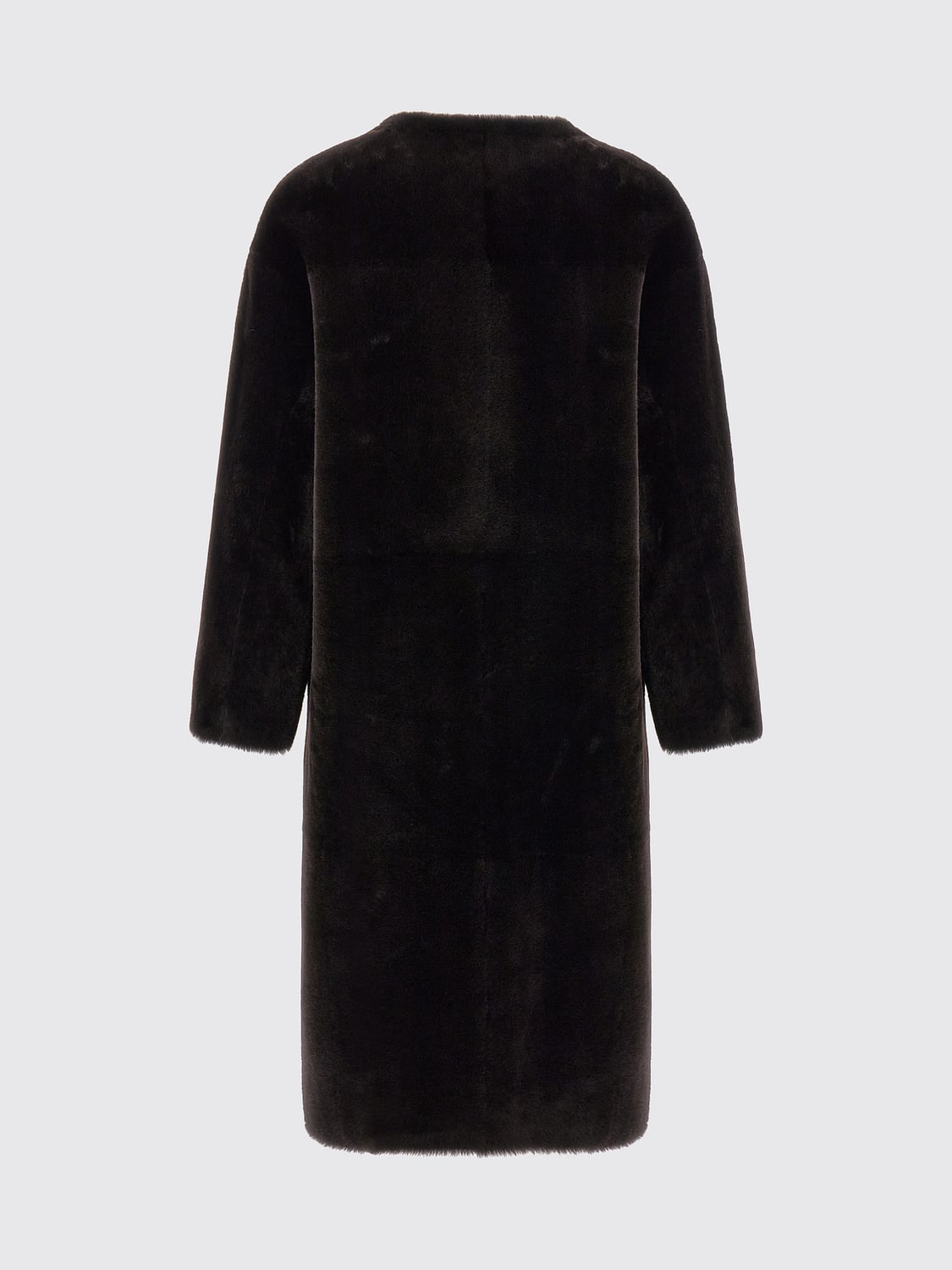 BLANCHA FUR COAT: Long Shearling Coat Blancha with a Crew Neck and Front Patch Pockets, Cocoa - Img 3
