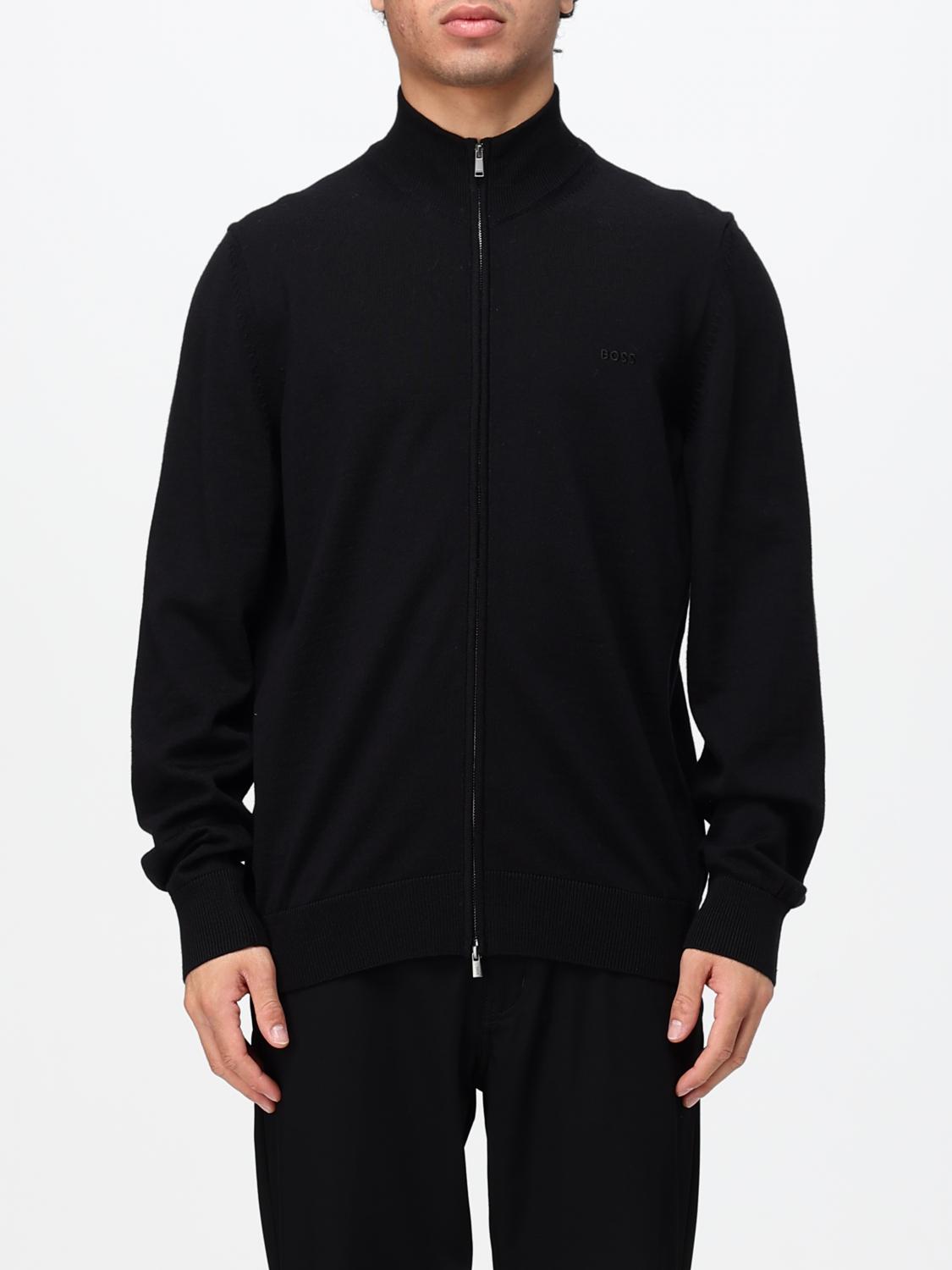 BOSS SWEATER: Boss Virgin Wool Cardigan with High Neck and Zip Closure, Black - Img 1