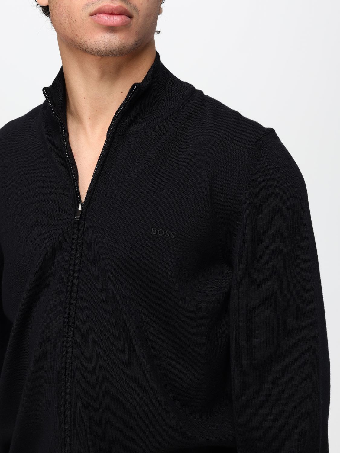 BOSS SWEATER: Boss Virgin Wool Cardigan with High Neck and Zip Closure, Black - Img 3