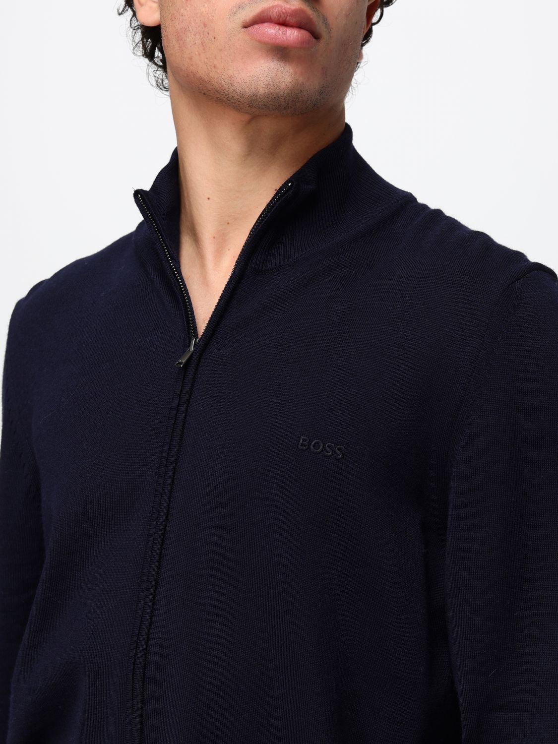 BOSS PULLOVER: Cardigan von Boss aus Schurwolle mit Stehkragen und Reißverschluss, Blau - Img 3