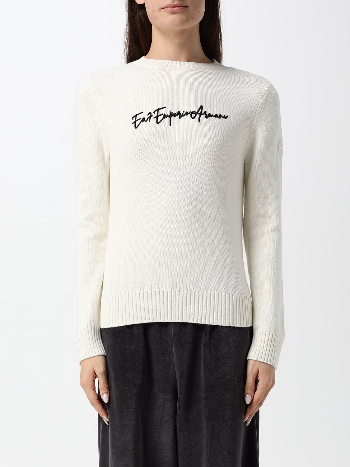 EA7 PULL: Pull à col rond EA7 en mélange de laine avec logo contrastant et coupe slim, Blanc - Img 1