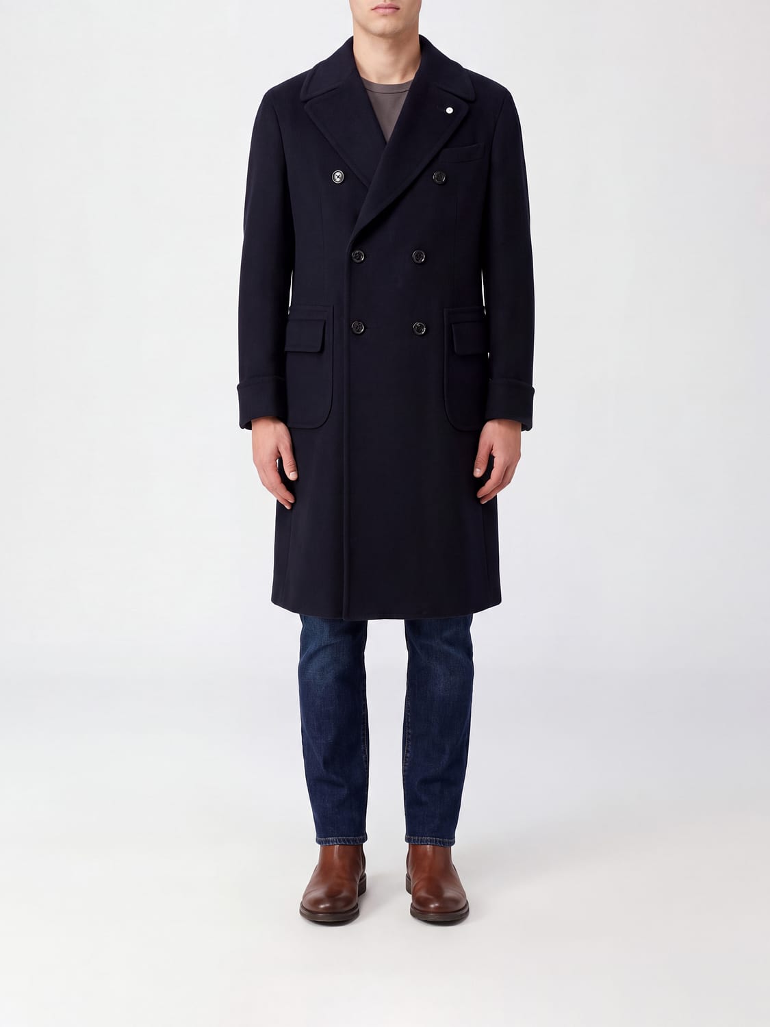 LUIGI BIANCHI COAT: Knee-Length Double-Breasted Luigi Bianchi Wool and Cashmere Coat, Blue - Img 1
