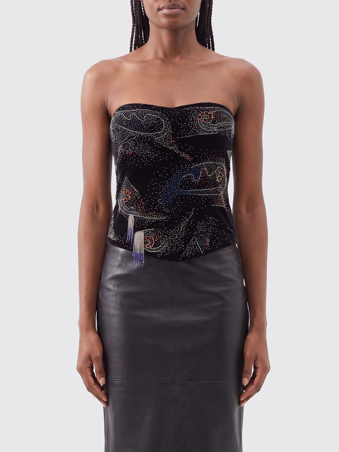 ISABEL MARANT TOP: Top corset Isabel Marant en coton à épaules dénudées avec cristaux et franges, Noir - Img 1