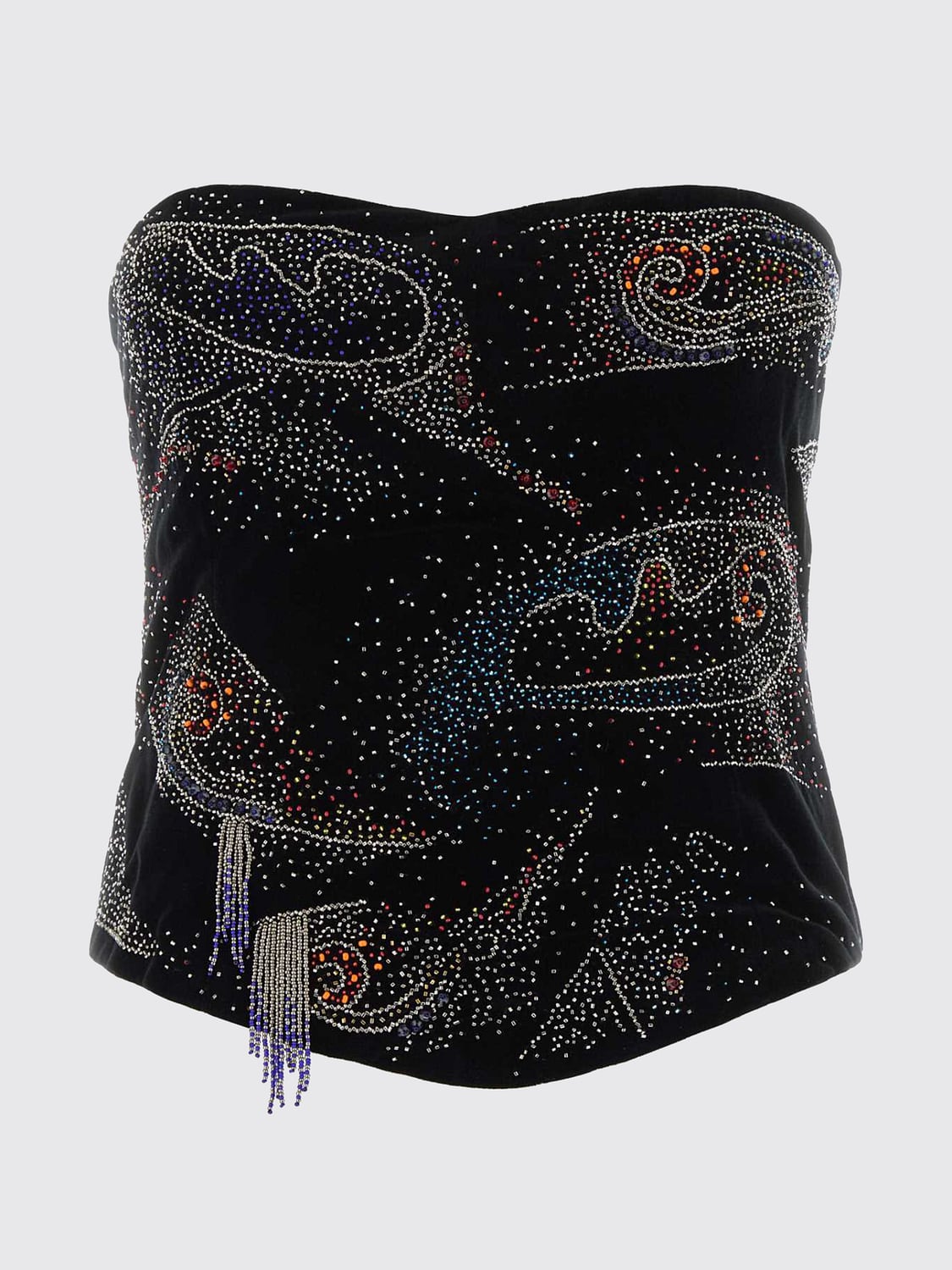 ISABEL MARANT TOP: Top corset Isabel Marant en coton à épaules dénudées avec cristaux et franges, Noir - Img 2