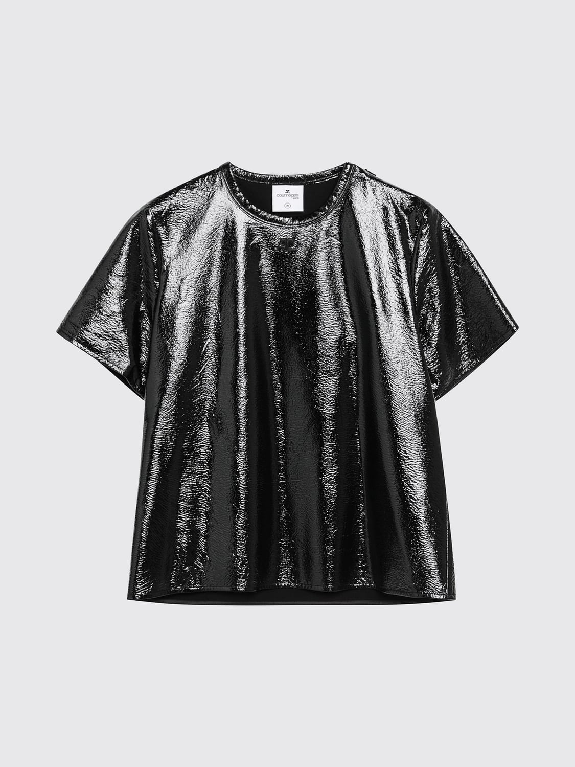 COURRÈGES TOP: Top de manga corta y cuello redondo Courrèges en piel sintética lisa, Negro - Img 2