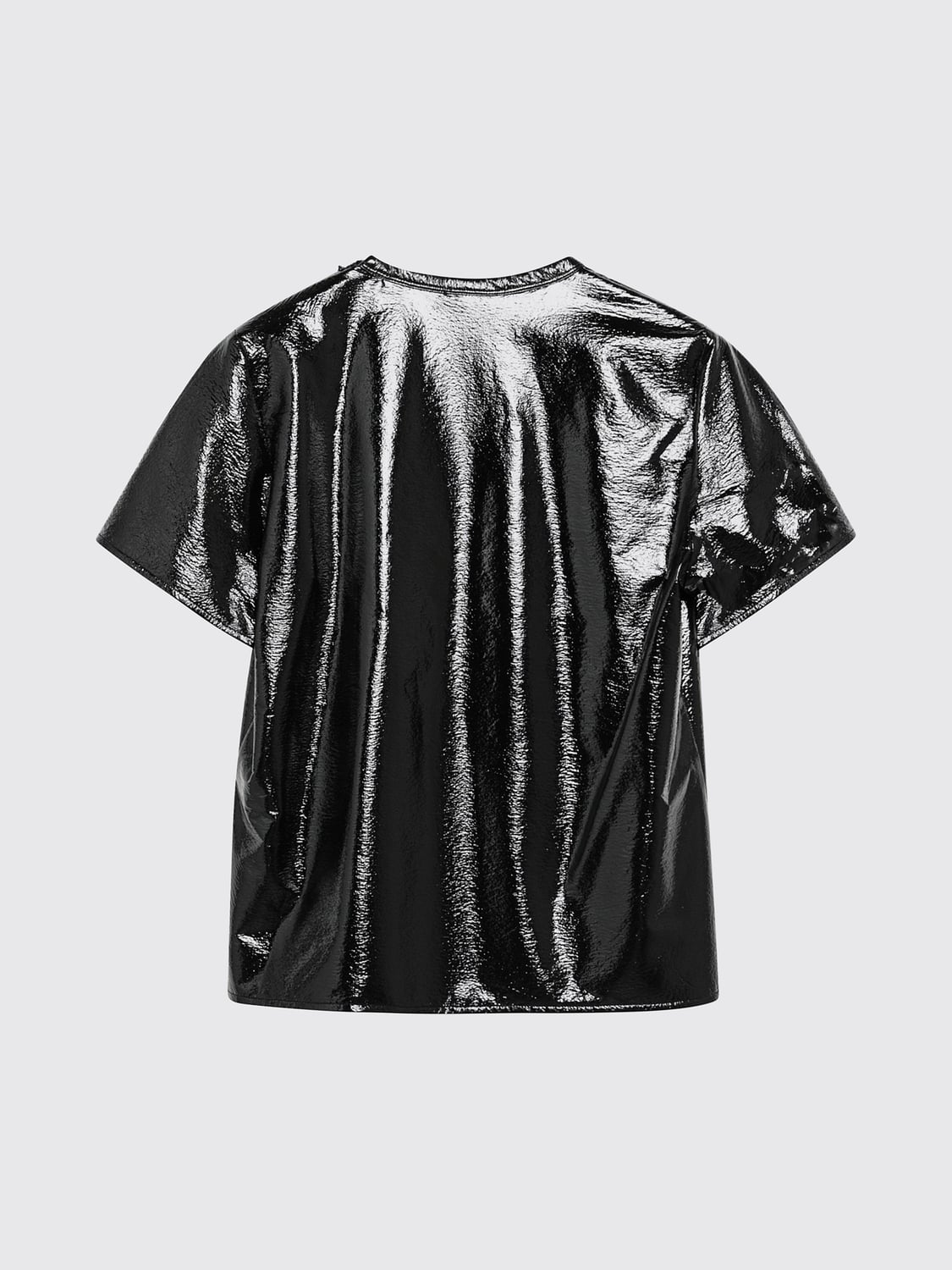 COURRÈGES TOP: Top de manga corta y cuello redondo Courrèges en piel sintética lisa, Negro - Img 3