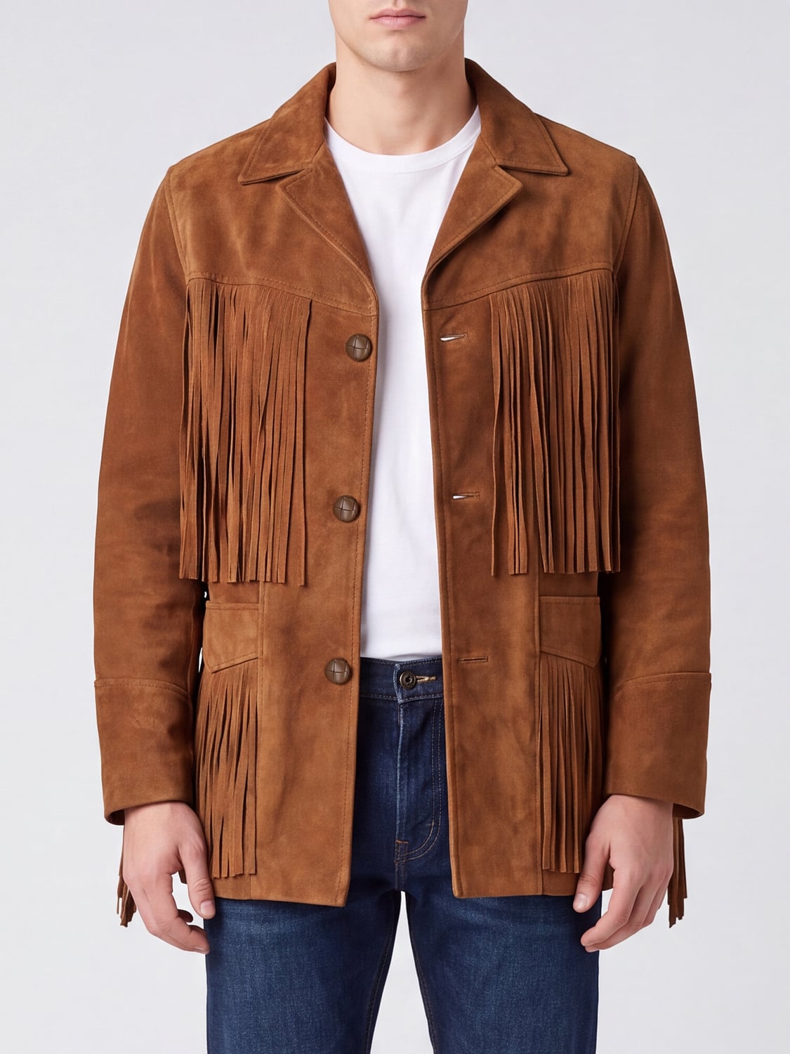 SCHOTT N.Y.C. JACKET: Schott N.Y.C. Suede Shirt Jacket with Fringes and Cuban Collar, Brown - Img 1