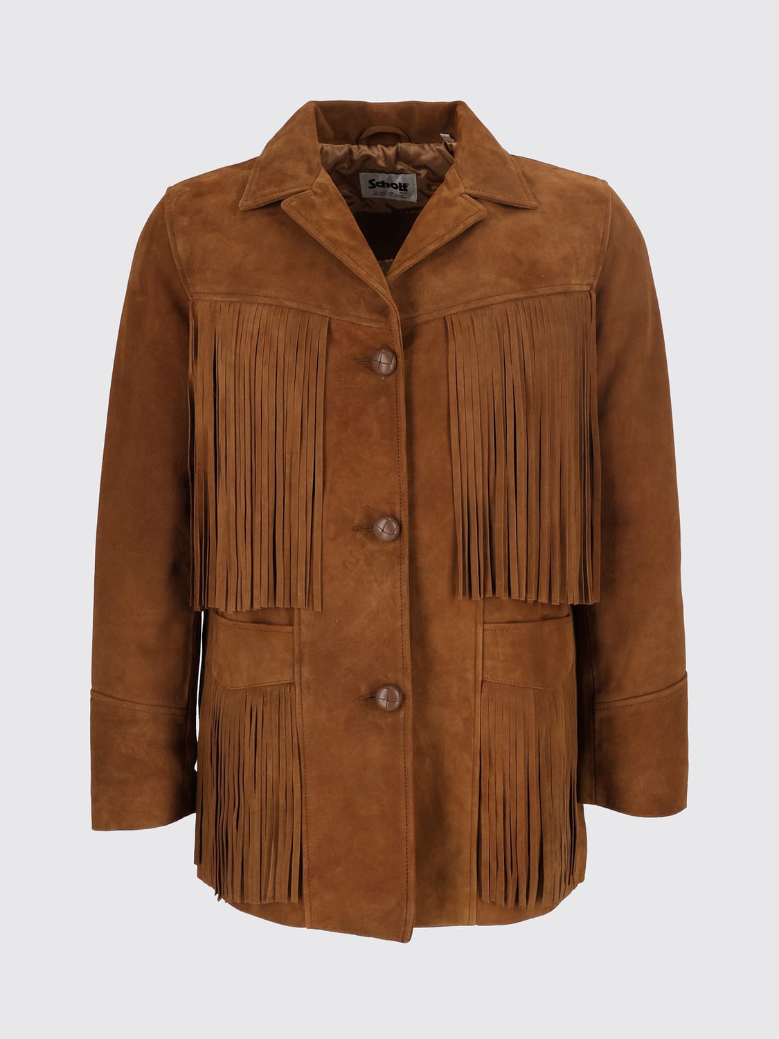 SCHOTT N.Y.C. JACKET: Schott N.Y.C. Suede Shirt Jacket with Fringes and Cuban Collar, Brown - Img 2