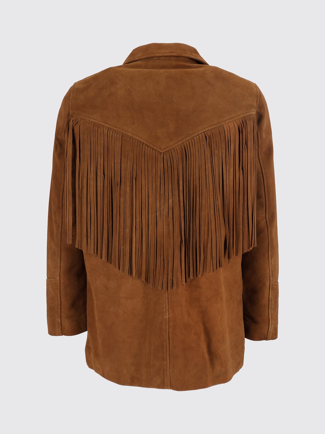 SCHOTT N.Y.C. JACKET: Schott N.Y.C. Suede Shirt Jacket with Fringes and Cuban Collar, Brown - Img 3