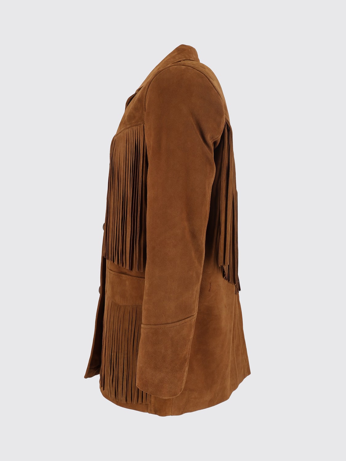 SCHOTT N.Y.C. JACKET: Schott N.Y.C. Suede Shirt Jacket with Fringes and Cuban Collar, Brown - Img 4