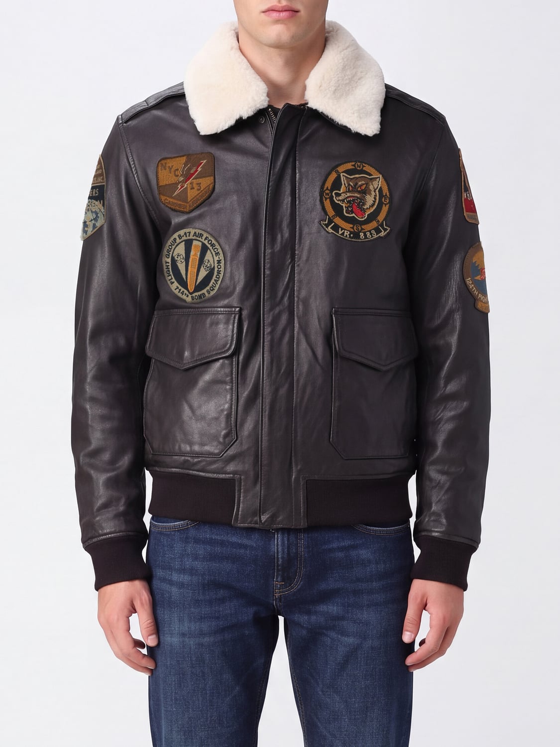 SCHOTT N.Y.C. ジャケット: SCHOTT N.Y.C. カレッジスタイルレザージャケット ファーカラー&ロゴパッチ付き, ブルー - Img 1
