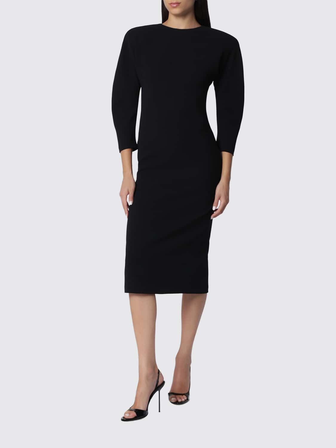 THE ANDAMANE VESTIDO: Vestido midi de tubo Amanda The Andamane de crepé con manga larga, Negro - Img 1
