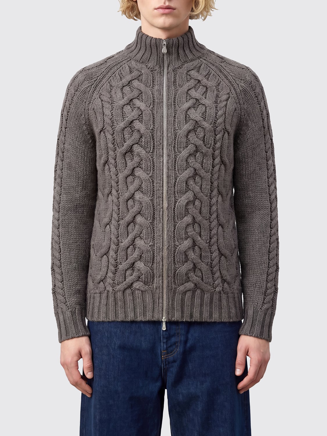 BRUNELLO CUCINELLI SWEATER: Pure Cashmere Turtleneck Cardigan Brunello Cucinelli with Zip Closure, Military - Img 1