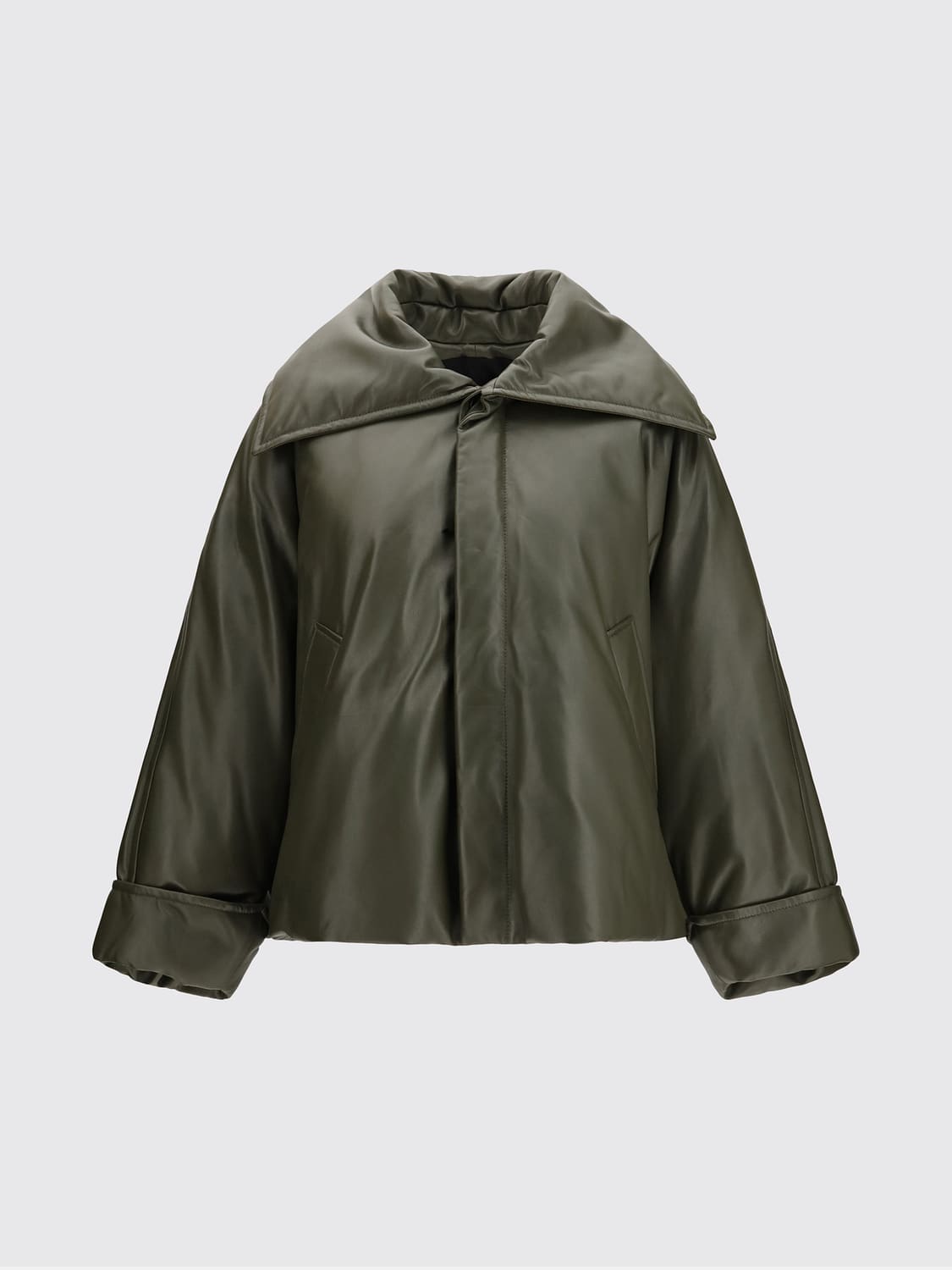 BOTTEGA VENETA CHAQUETA: Chaqueta corta Bottega Veneta de piel de cordero con cuello marinero, Verde Bosque - Img 1