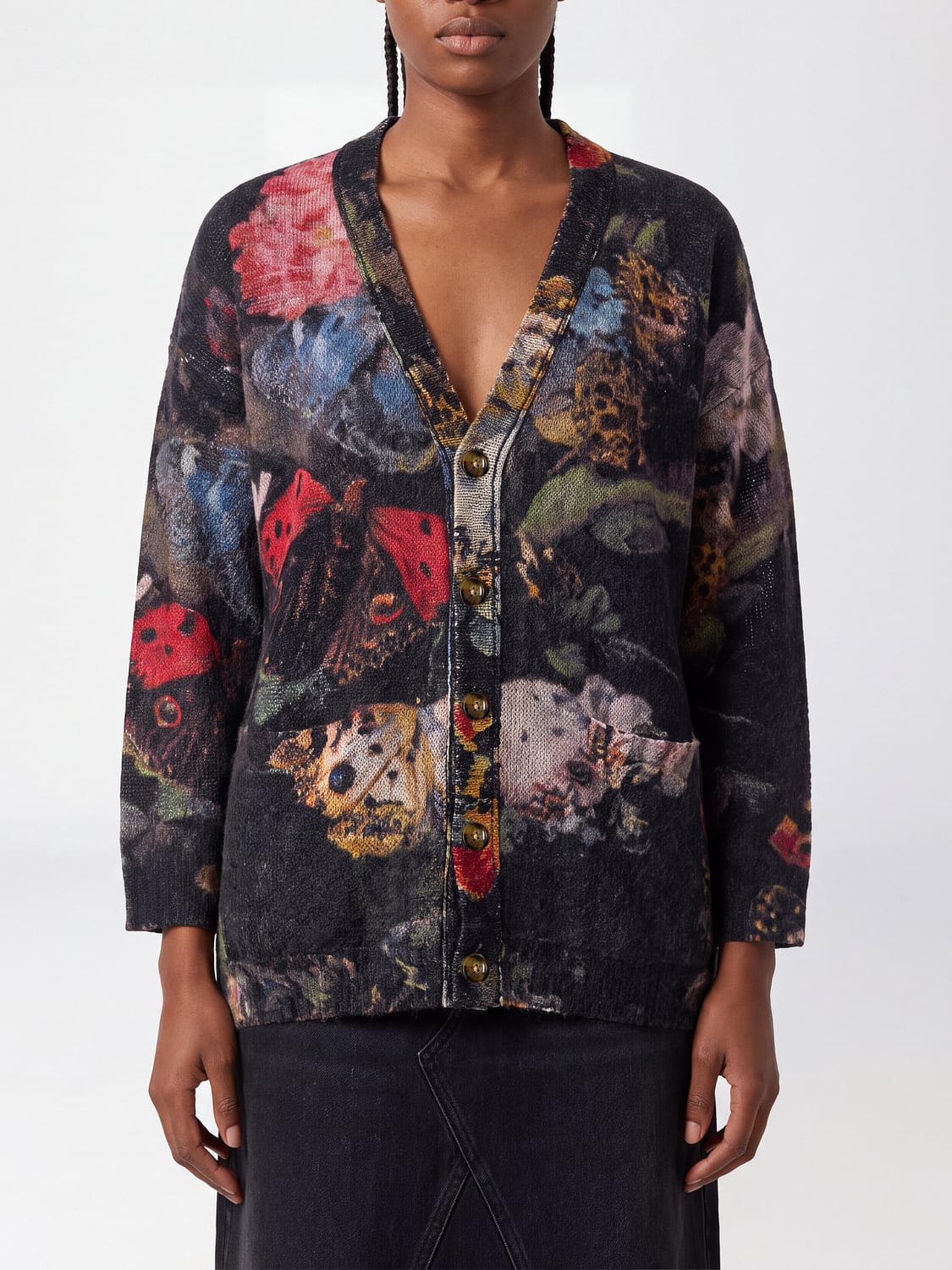 R13 PULL: Cardigan R13 en cachemire à col V et imprimé graphique, Rouge - Img 1