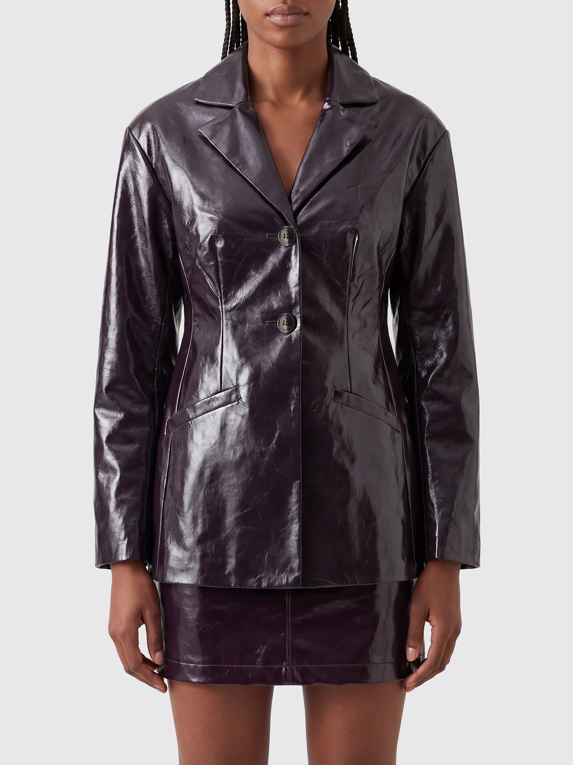 GANNI JACKET: Ganni Slim Fit Faux Leather Blazer with Dropped Shoulders, Brown - Img 1