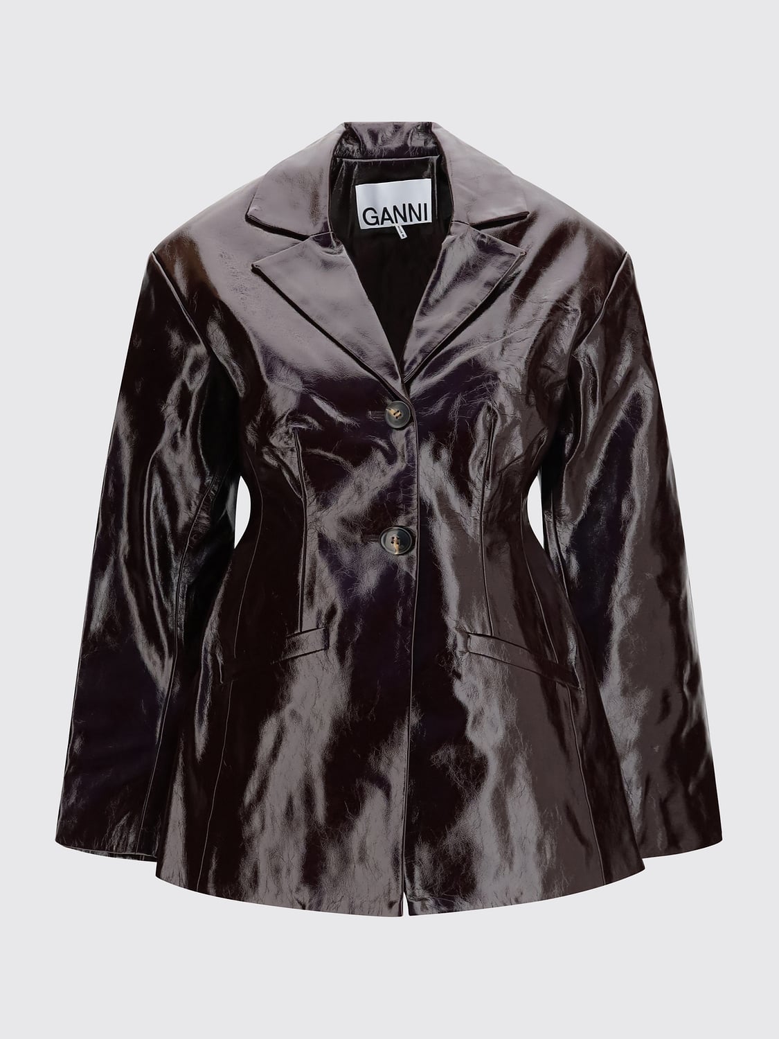 GANNI JACKET: Ganni Slim Fit Faux Leather Blazer with Dropped Shoulders, Brown - Img 2