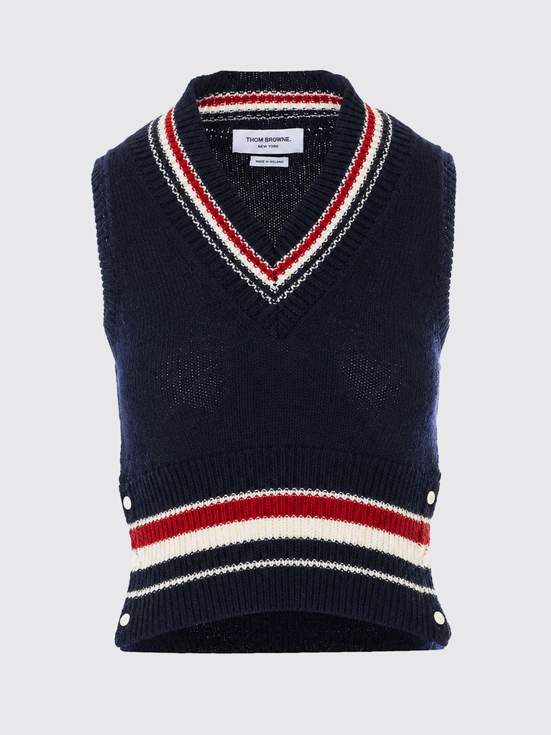 THOM BROWNE CHALECO: Chaleco de punto de lana merina Thom Browne con motivo de rayas 4-Bar, Azul Marino - Img 2