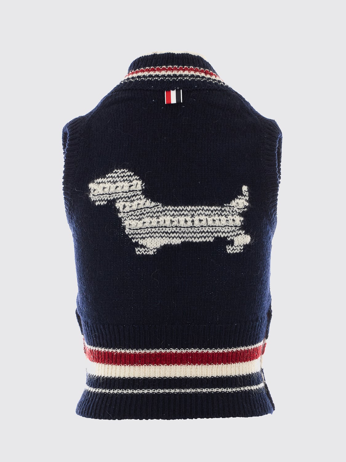 THOM BROWNE CHALECO: Chaleco de punto de lana merina Thom Browne con motivo de rayas 4-Bar, Azul Marino - Img 3