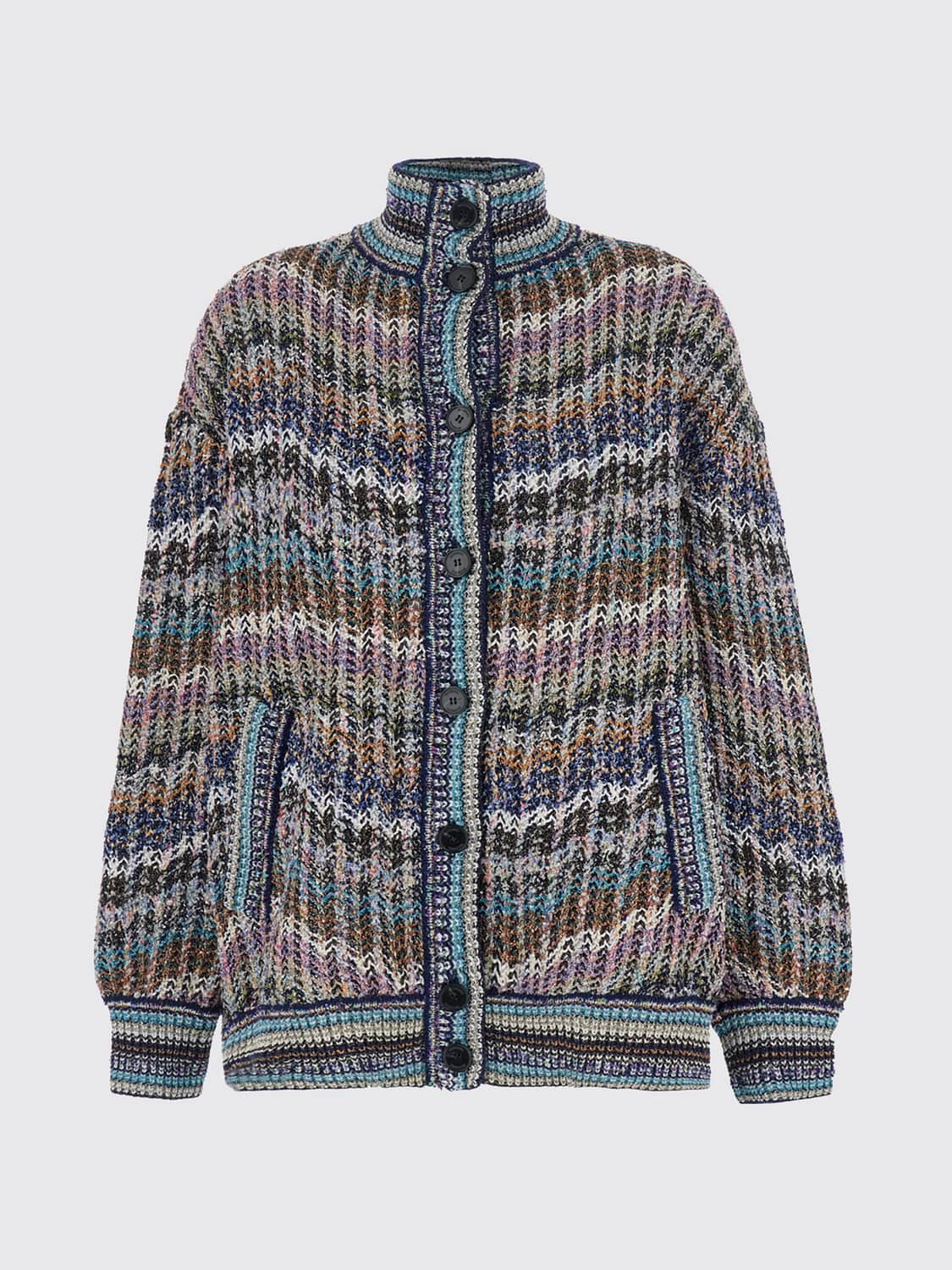 MISSONI PULLOVER: Viskose-Cardigan Missoni mit mehrfarbigem Zickzack-Muster und Rollkragen, Bunt - Img 1