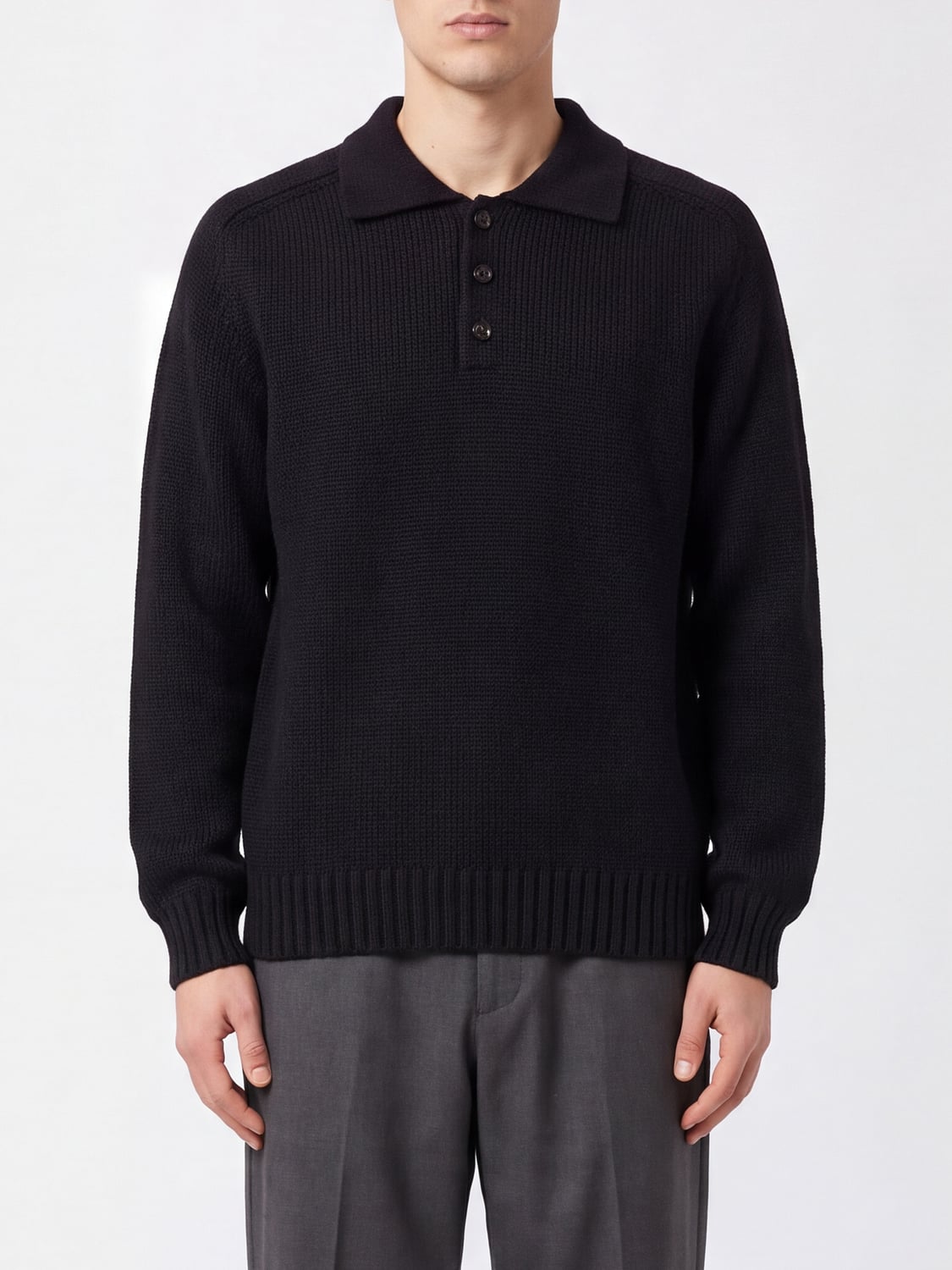 UNIVERSAL WORKS POLO SHIRT: Universal Works Long-Sleeved Knitted Polo Shirt in Pure Wool, Blue - Img 1