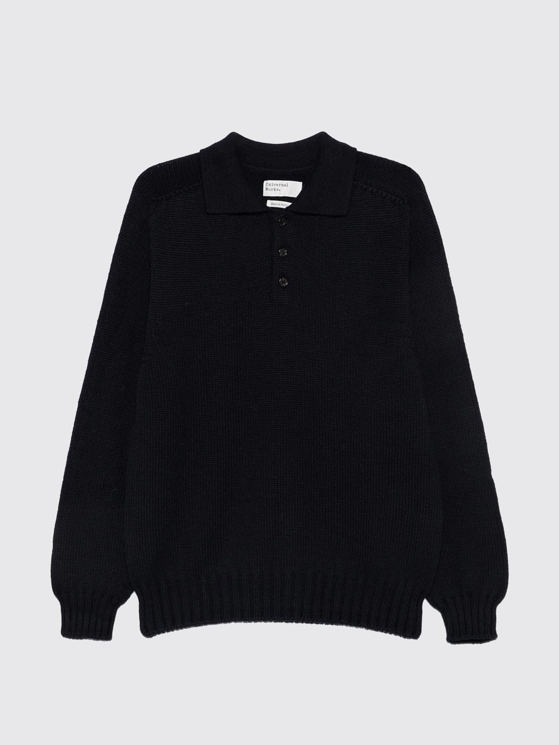 UNIVERSAL WORKS POLO SHIRT: Universal Works Long-Sleeved Knitted Polo Shirt in Pure Wool, Blue - Img 2