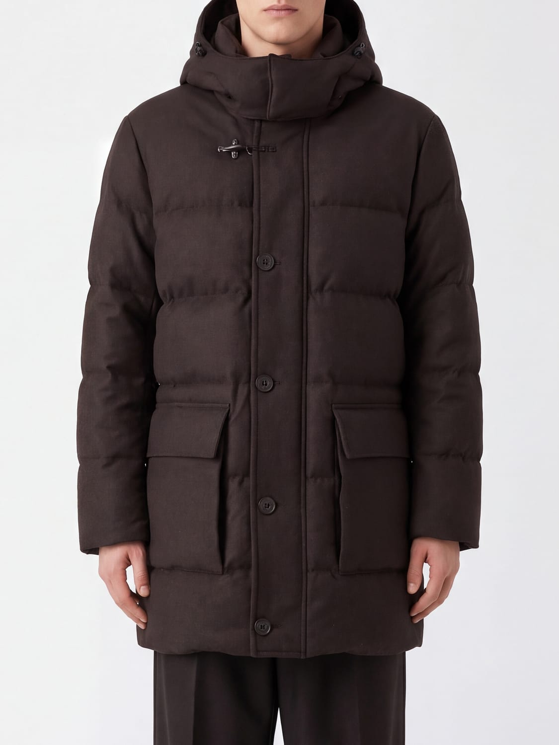 FAY JACKET: Fay Hooded Padded Jacket with Iconic Hook Closure, Brown - Img 1