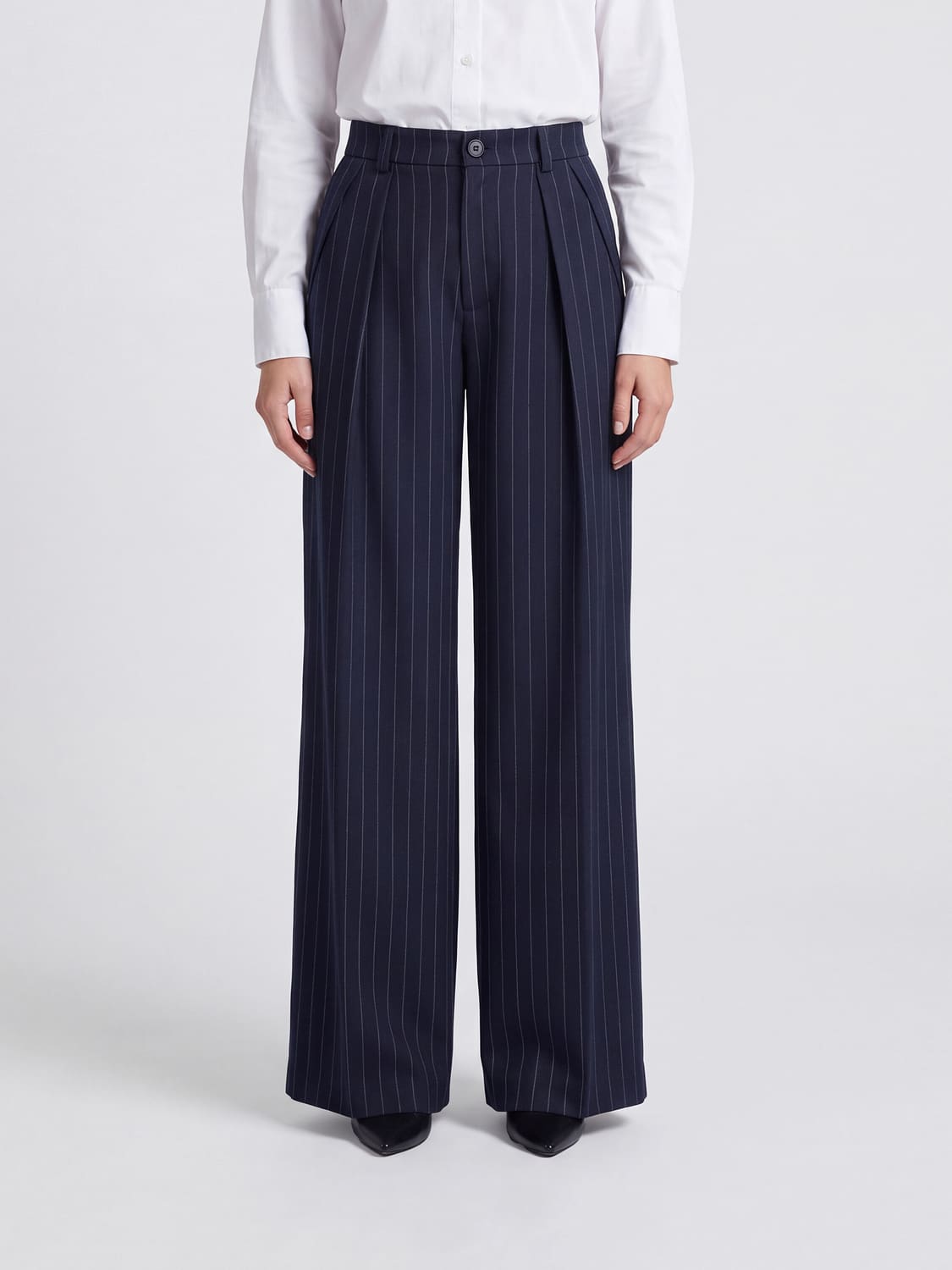 SOLOTRE PANTALONES: Pantalones palazzo Solotre de talle alto con raya diplomática en mezcla de lana, Azul Marino - Img 1
