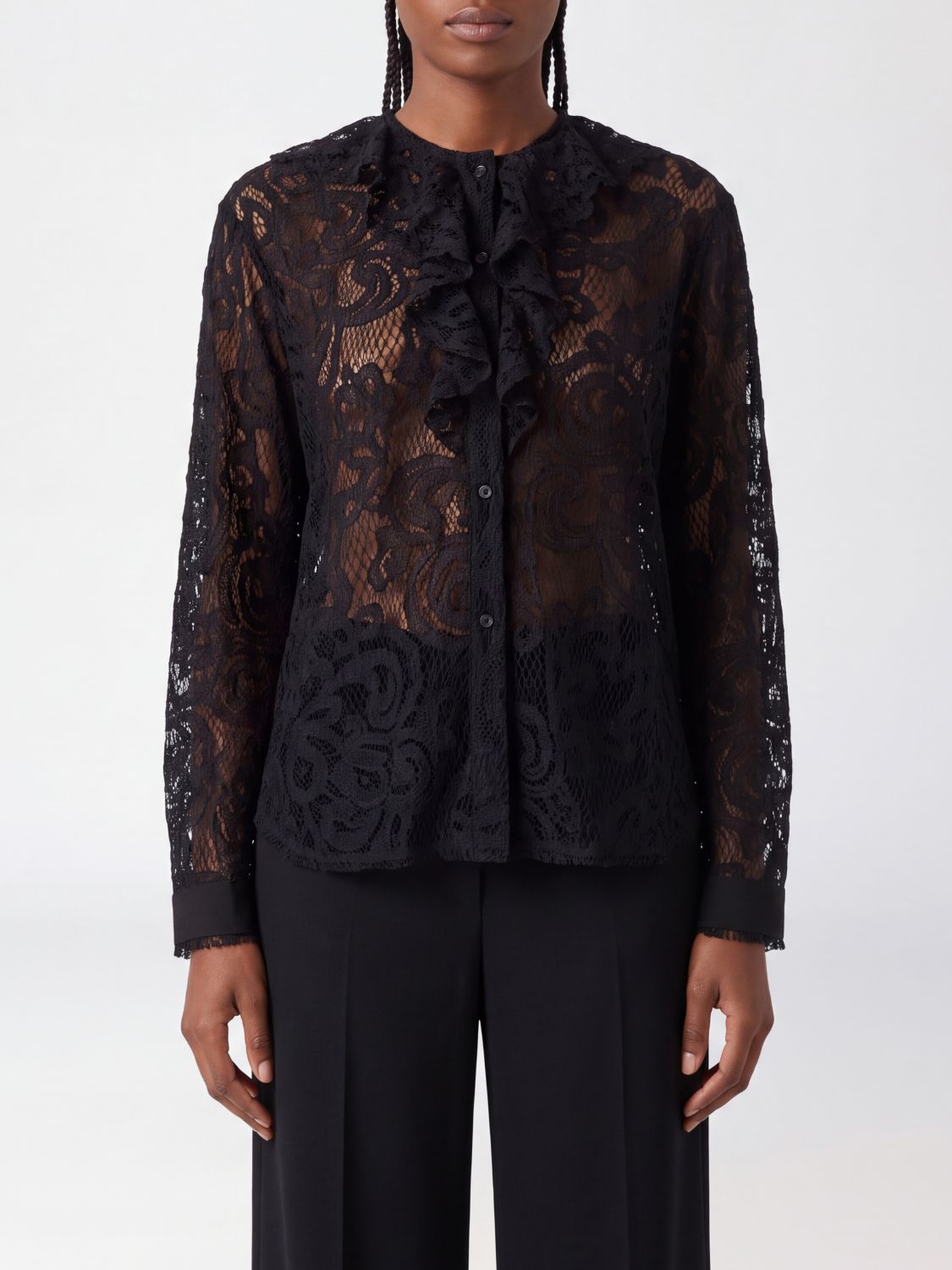 NUDE CAMISA: Blusa Nude de encaje bordado de manga larga con volantes y cuello redondo, Negro - Img 1