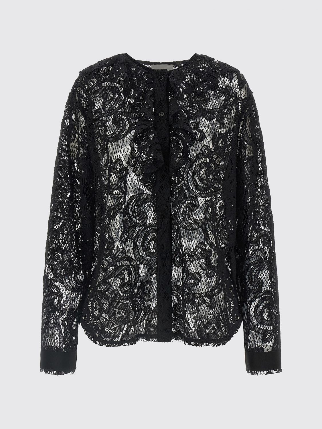 NUDE CAMISA: Blusa Nude de encaje bordado de manga larga con volantes y cuello redondo, Negro - Img 2