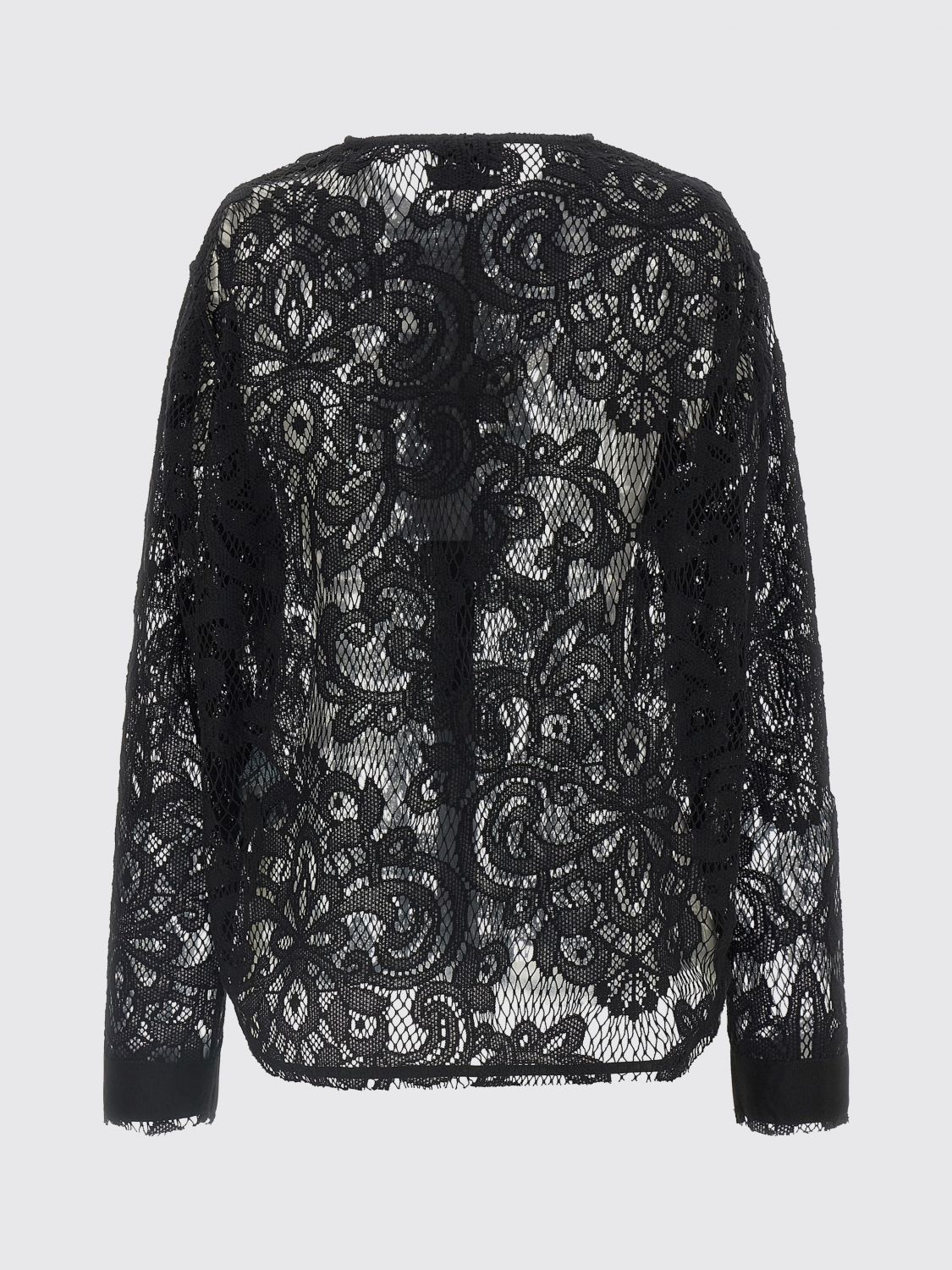 NUDE CAMISA: Blusa Nude de encaje bordado de manga larga con volantes y cuello redondo, Negro - Img 3