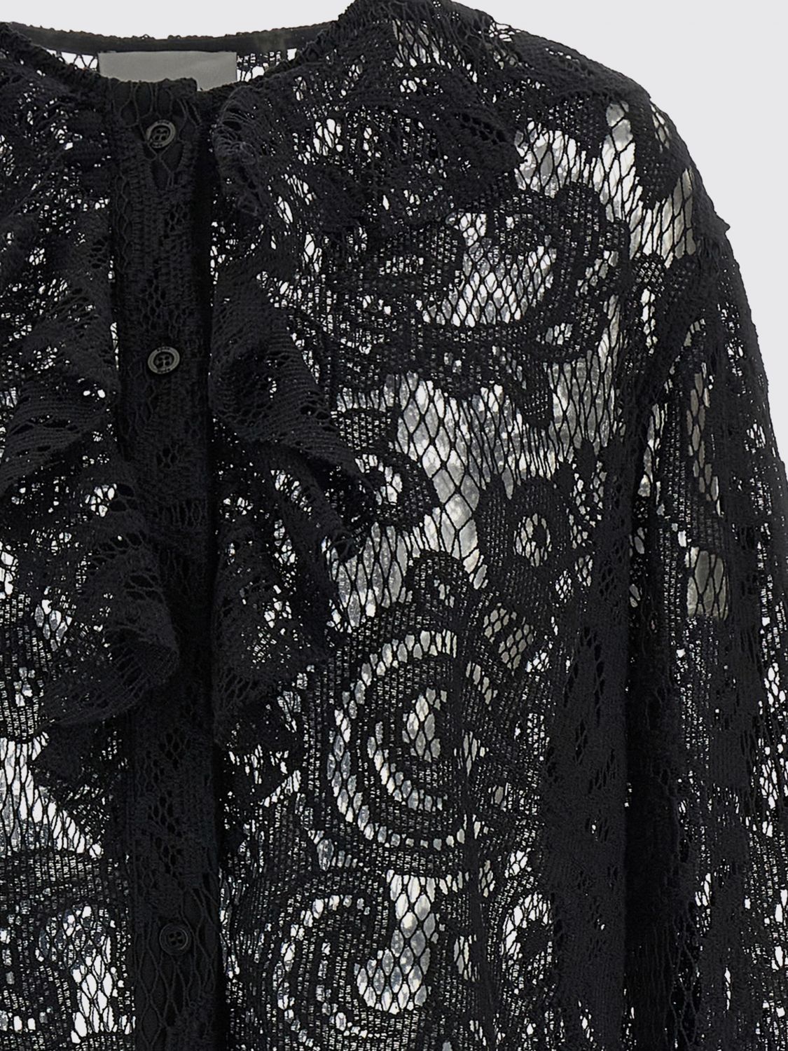 NUDE CAMISA: Blusa Nude de encaje bordado de manga larga con volantes y cuello redondo, Negro - Img 4