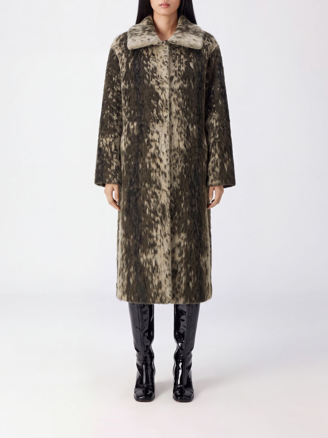 NUDE PELLICCIA: Cappotto lungo Nude in lana di alpaca con fantasia astratta e collo classico, Marrone - Img 1