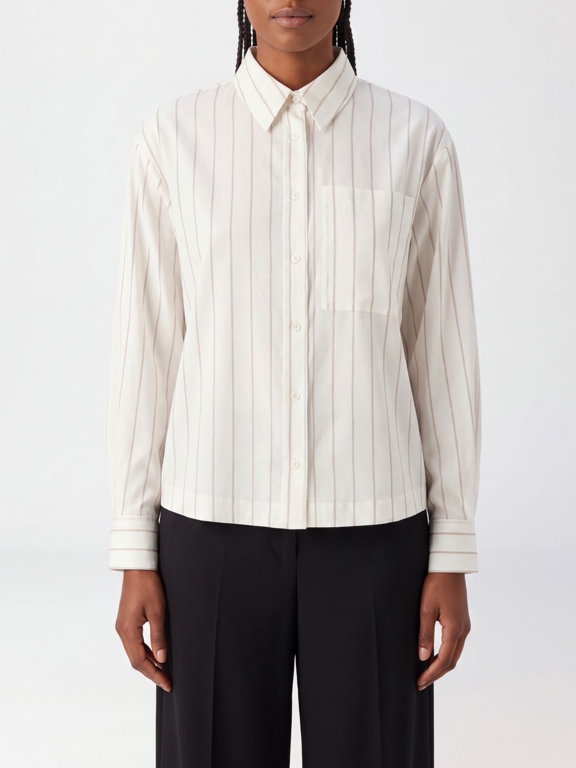 PESERICO CAMICIA: Camicia Peserico a righe in misto seta con colletto classico e tasche a toppa, Beige - Img 1