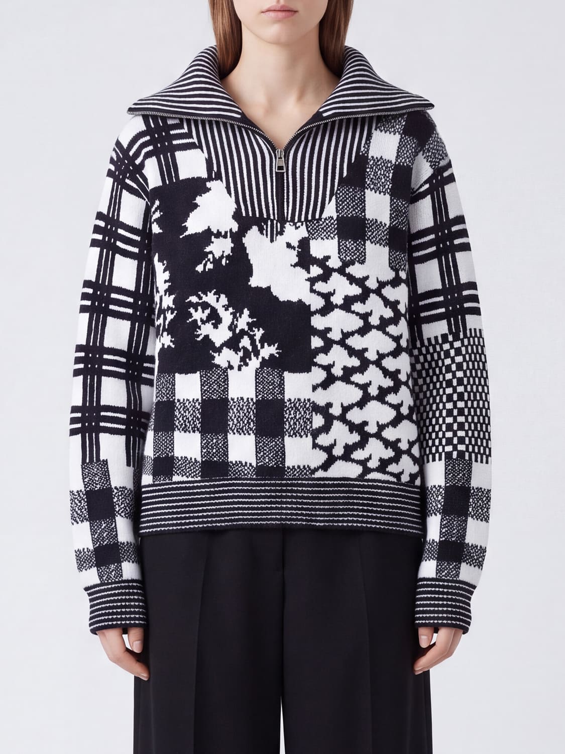 LOEWE JERSEY: Jersey de cuello alto Loewe de lana con motivo de tartán y media cremallera, Azul Oscuro - Img 1
