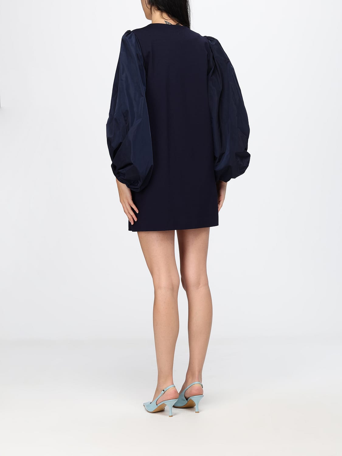 MEIMEIJ KLEID: Meimeij Mini-Tunika aus Crêpe mit V-Ausschnitt und Ballonärmeln, Blau - Img 2