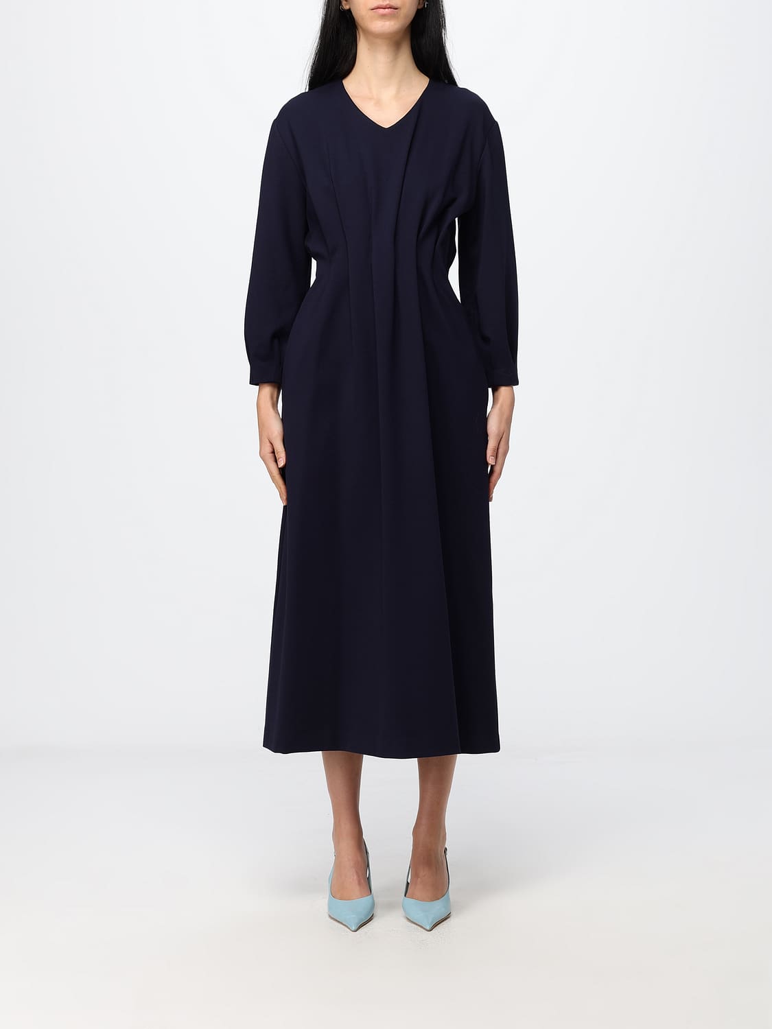 MEIMEIJ ROBE: Tunique midi Meimeij en mélange de viscose à col en V et fermeture dissimulée, Bleu - Img 1